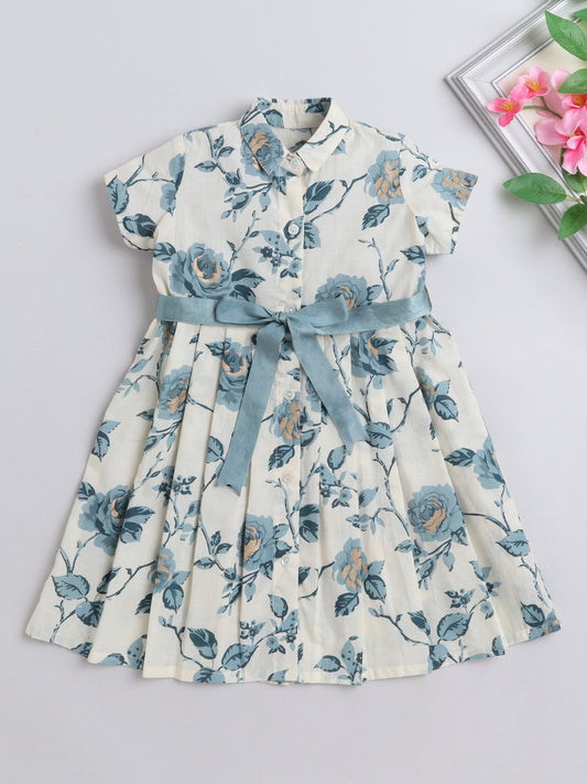 The Magic Wand Half Sleeves Floral Printed Collar Neck Dress With Belt Detailed For Girls Off White