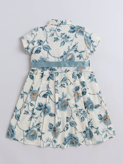 The Magic Wand Half Sleeves Floral Printed Collar Neck Dress With Belt Detailed For Girls Off White