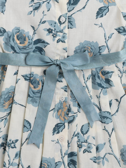 The Magic Wand Half Sleeves Floral Printed Collar Neck Dress With Belt Detailed For Girls Off White