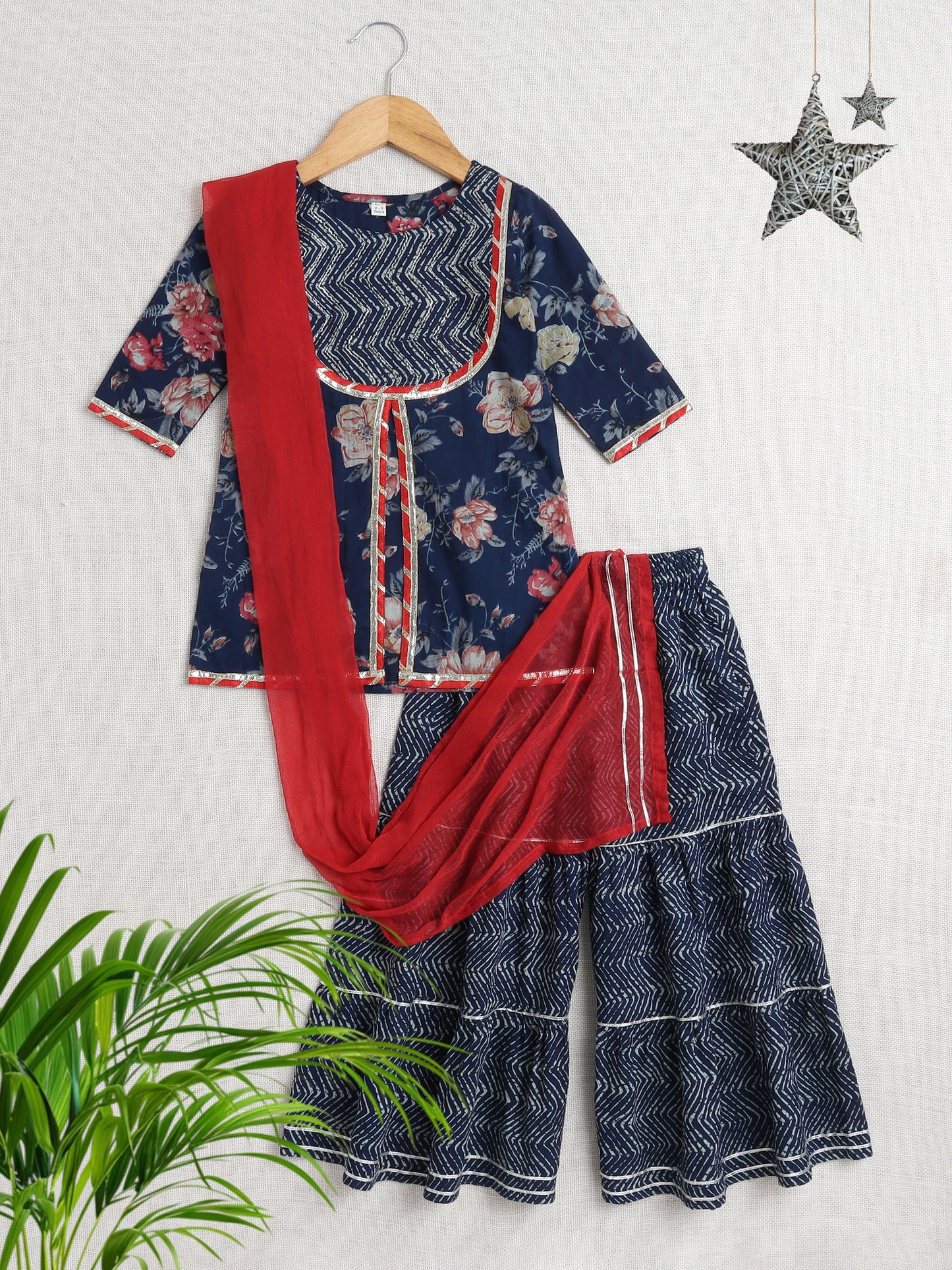 Elbo Sleeves Floral Printed Gota Lace Embellished Kurta & Sharara Set With Dupatta-Navy Blue