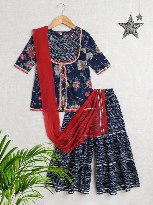 Elbo Sleeves Floral Printed Gota Lace Embellished Kurta & Sharara Set With Dupatta-Navy Blue