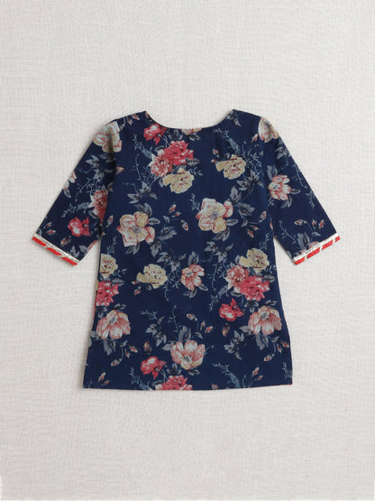 Three Fourth Sleeves Floral Printed Kurta & Sharara Set - Navy Blue