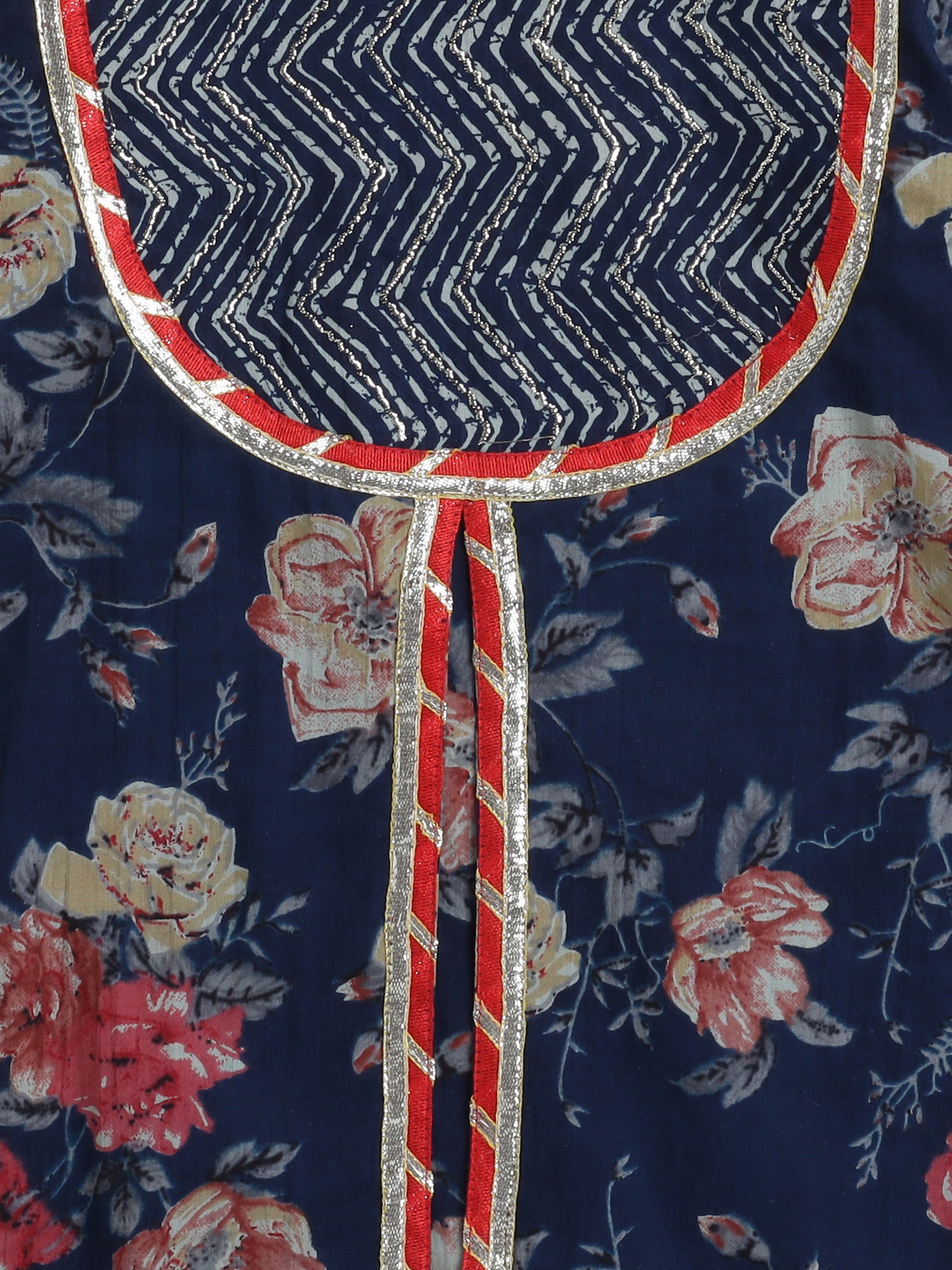 Elbo Sleeves Floral Printed Gota Lace Embellished Kurta & Sharara Set With Dupatta-Navy Blue