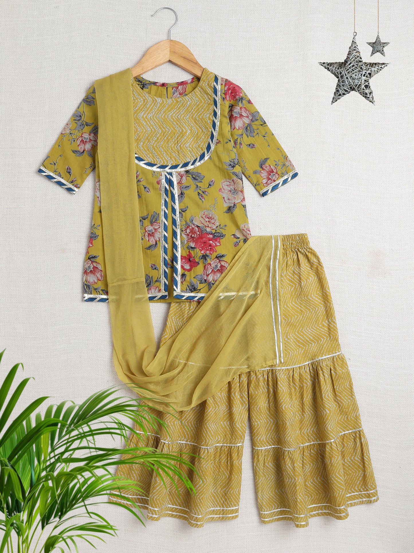 Elbo Sleeves Floral Printed Gota Lace Embellished Kurta & Sharara Set With Dupatta-Mustard