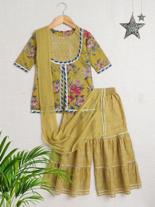 Elbo Sleeves Floral Printed Gota Lace Embellished Kurta & Sharara Set With Dupatta-Mustard