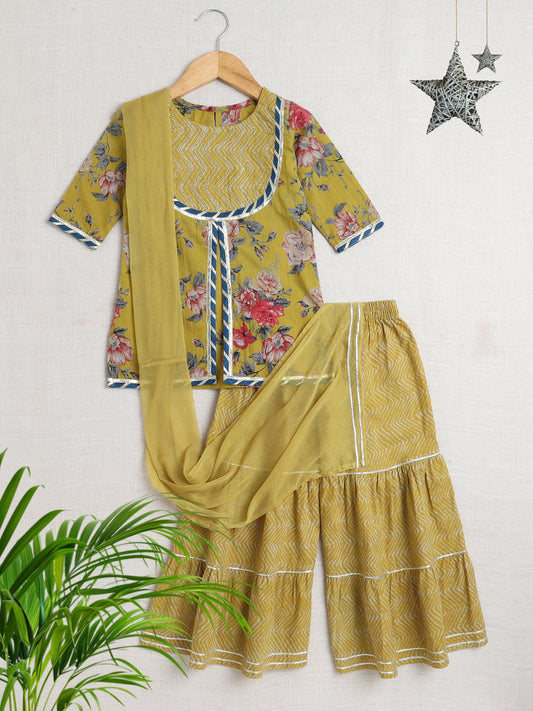 Three Fourth Sleeves Floral Printed Kurta & Sharara Set -Mustard
