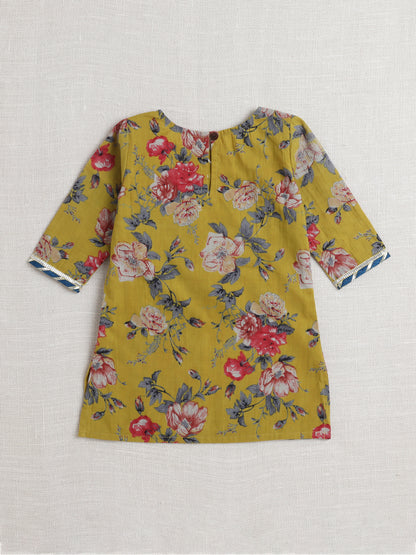 Elbo Sleeves Floral Printed Gota Lace Embellished Kurta & Sharara Set With Dupatta-Mustard
