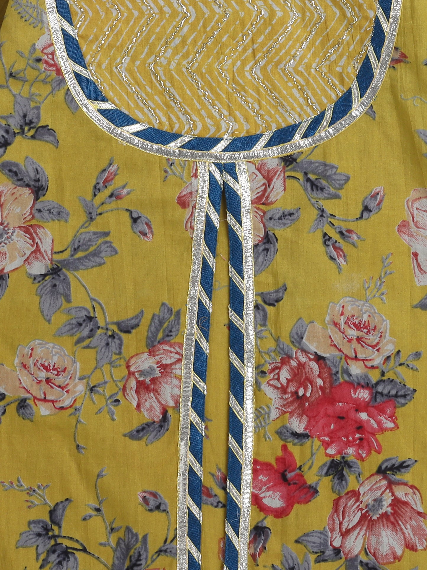 Elbo Sleeves Floral Printed Gota Lace Embellished Kurta & Sharara Set With Dupatta-Mustard