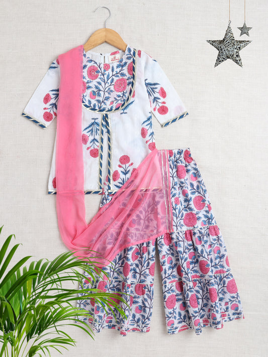 Half Sleeves Floral Printed Gota Lace Embellished Kurta & Sharara Set With Dupatta-Blue