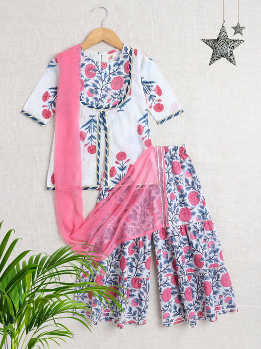 Half Sleeves Floral Printed & Lace Embellished Kurta & Sharara Set - Blue