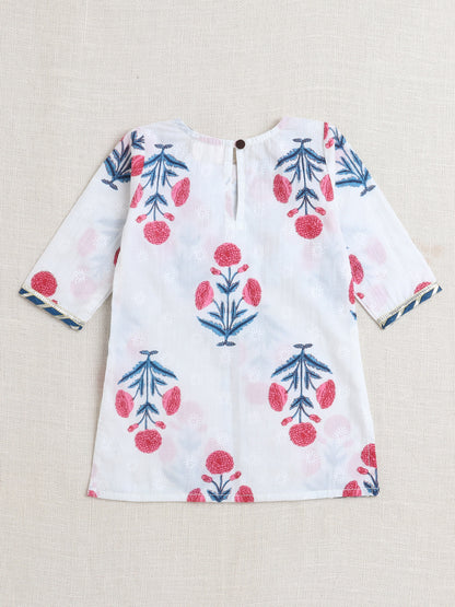 Half Sleeves Floral Printed Gota Lace Embellished Kurta & Sharara Set With Dupatta-Blue