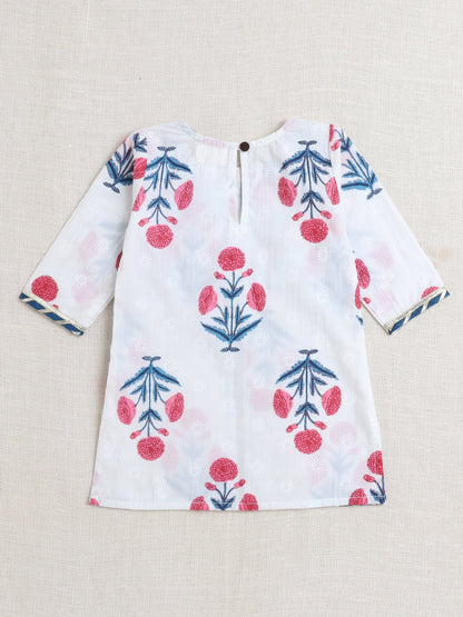 Half Sleeves Floral Printed & Lace Embellished Kurta & Sharara Set - Blue