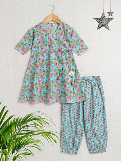 Floral Print Elbo Sleeves Gota Lace Kurta & Balloon Pant Set For Girls-Blue