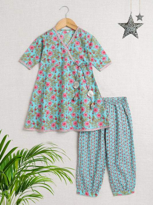 Floral Print Elbo Sleeves Gota Lace Kurta & Balloon Pant Set For Girls-Blue