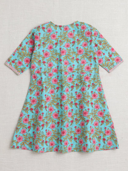 Floral Print Elbo Sleeves Gota Lace Kurta & Balloon Pant Set For Girls-Blue