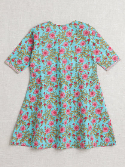 Three Fourth Sleeves Floral Printed  Kurta & Pant Set -Blue
