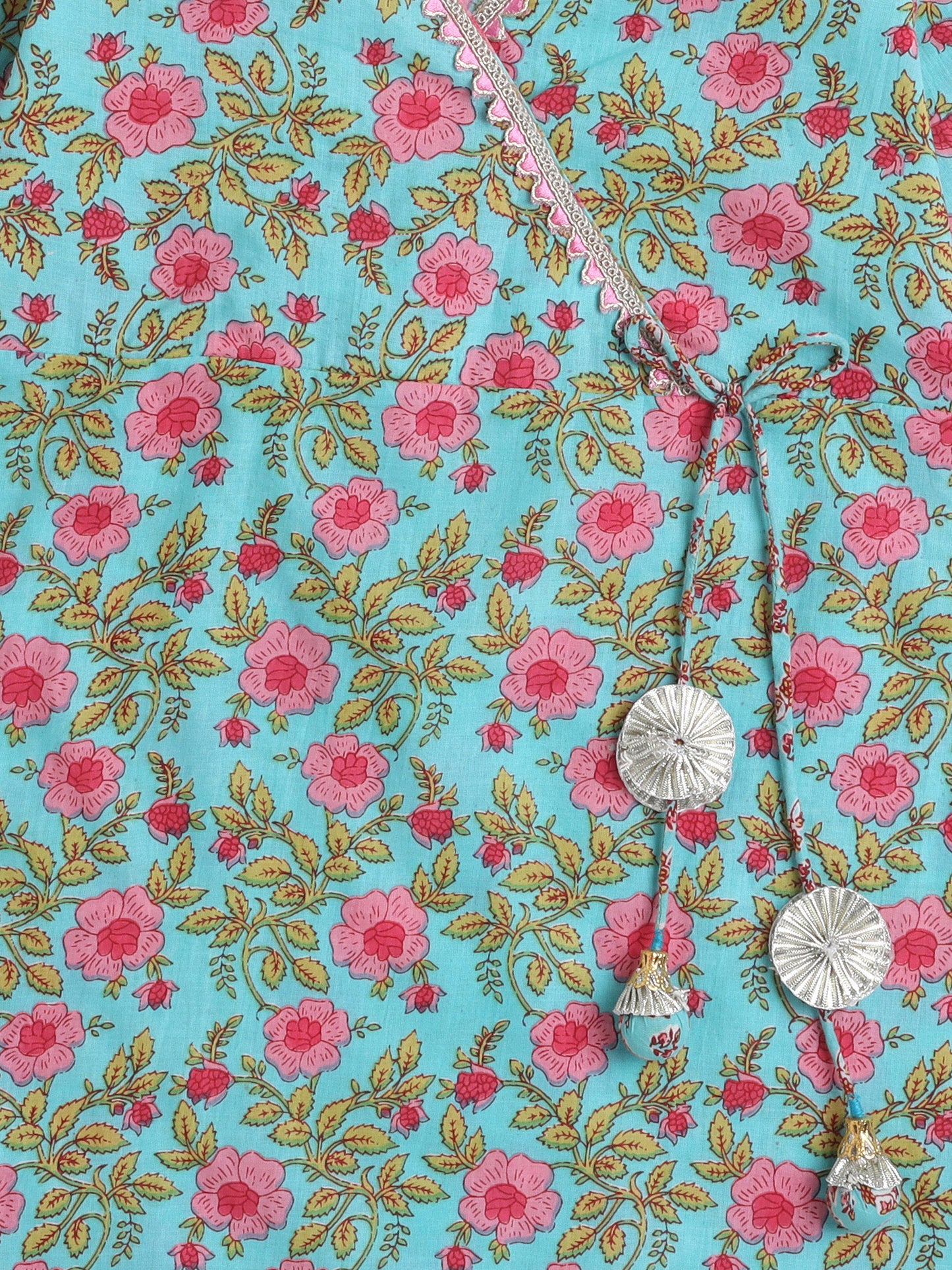 Floral Print Elbo Sleeves Gota Lace Kurta & Balloon Pant Set For Girls-Blue