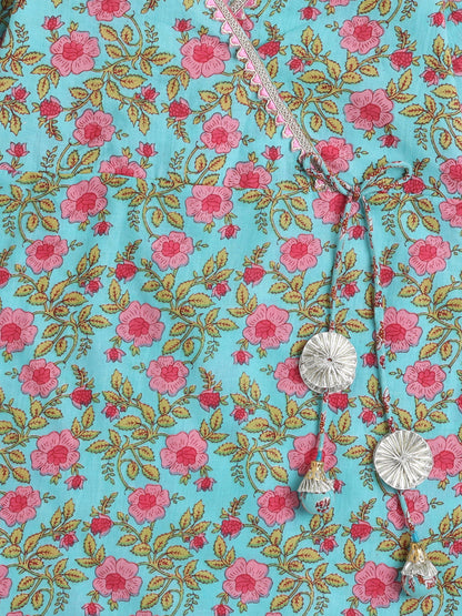 Floral Print Elbo Sleeves Gota Lace Kurta & Balloon Pant Set For Girls-Blue