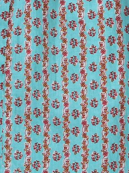 Floral Print Elbo Sleeves Gota Lace Kurta & Balloon Pant Set For Girls-Blue