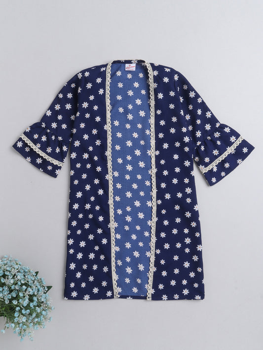 Floral Printed Front Open Lace Embelished 3/4th Sleeves Long Cape For Girls