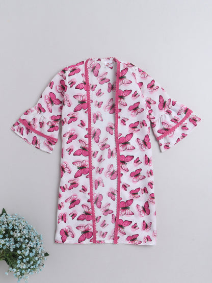 Butterfly Printed Front Open Lace Embelished 3/4th Sleeves Long Cape For Girls