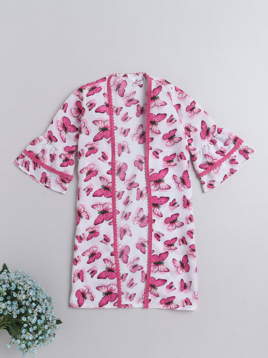 Butterfly Printed Front Open Lace Embelished 3/4th Sleeves Long Cape For Girls