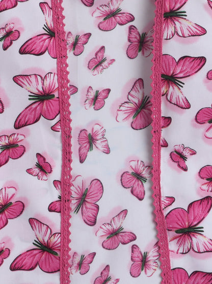 Butterfly Printed Front Open Lace Embelished 3/4th Sleeves Long Cape For Girls