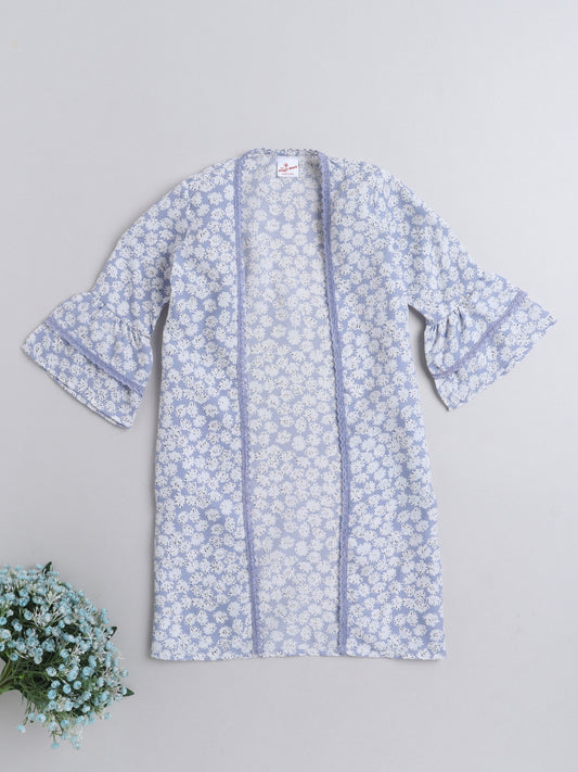 The Magic Wand Floral Printed Fron Open Lace Embelished 3/4th Sleeves Long Cape For Girls