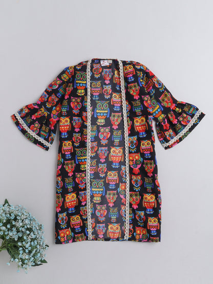 Owl Printed Front Open Lace Embelished 3/4th Sleeves Long Cape For Girls