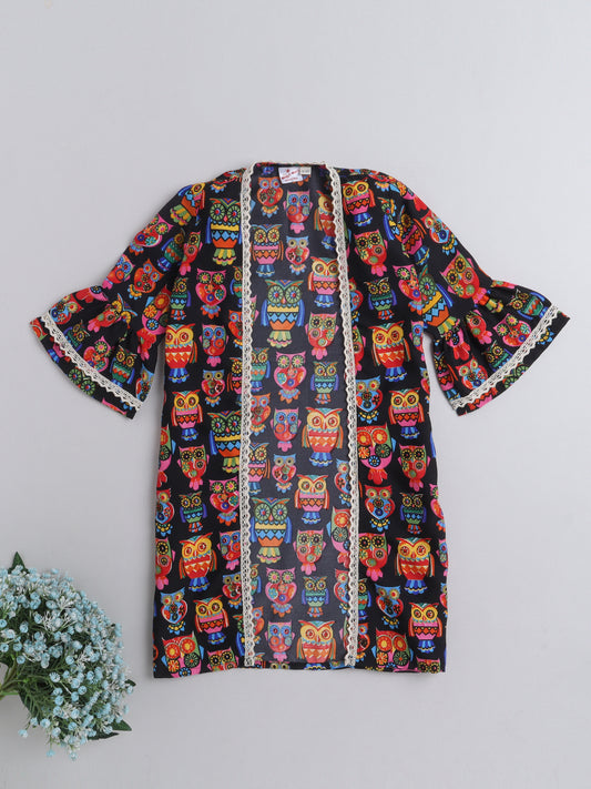 Owl Printed Front Open Lace Embelished 3/4th Sleeves Long Cape For Girls