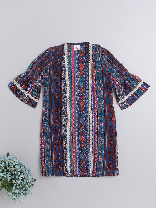 Paisley Printed Front Open Lace Embelished 3/4th Sleeves Long Cape For Girls