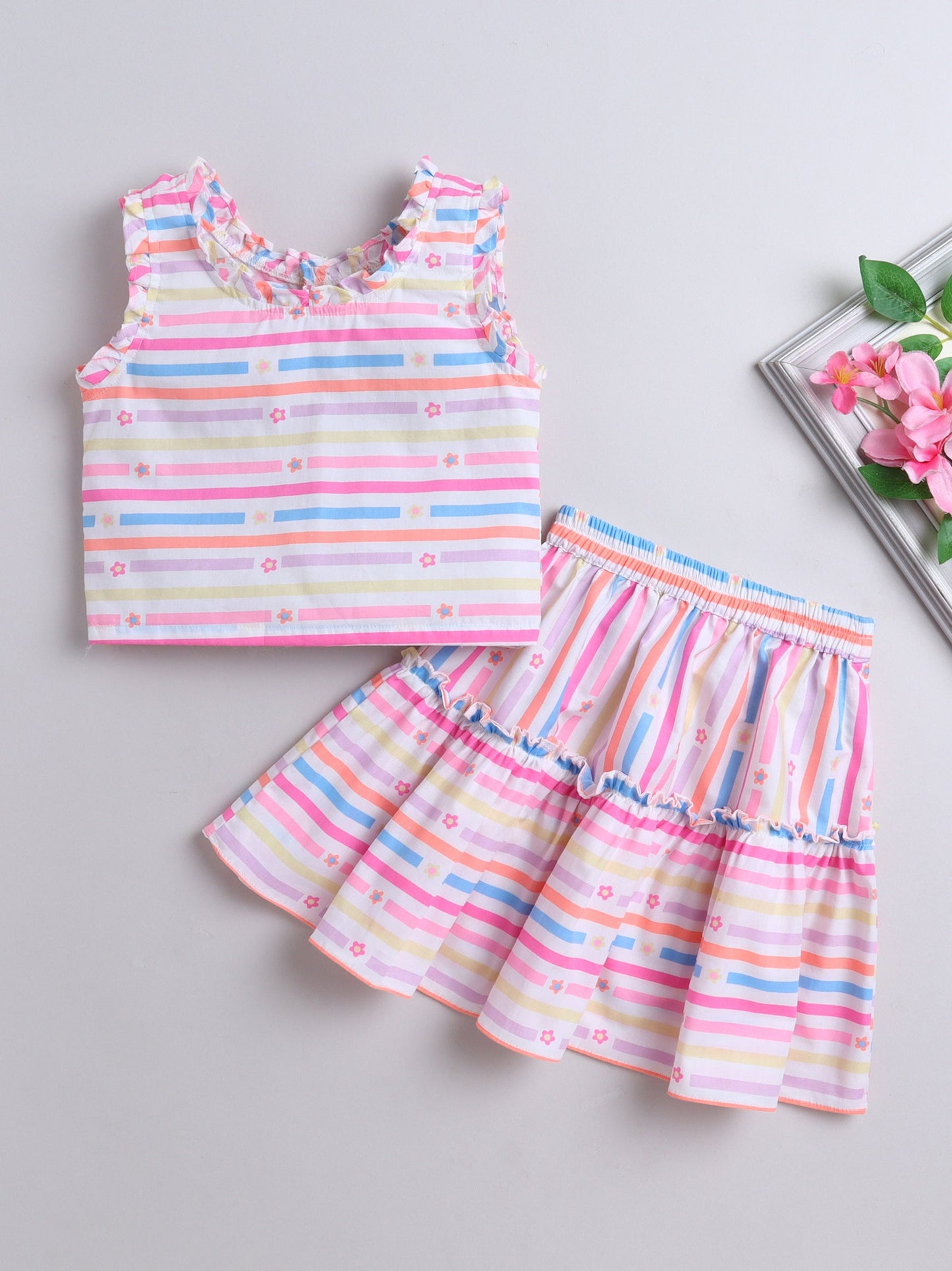 The Magic Wand Strip Printed Frill Sleeves Top & Skirt Set Multi