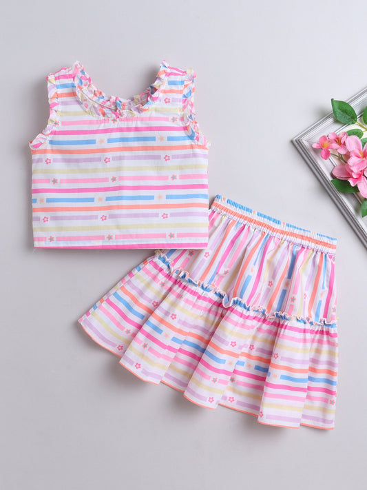 The Magic Wand Strip Printed Frill Sleeves Top & Skirt Set Multi