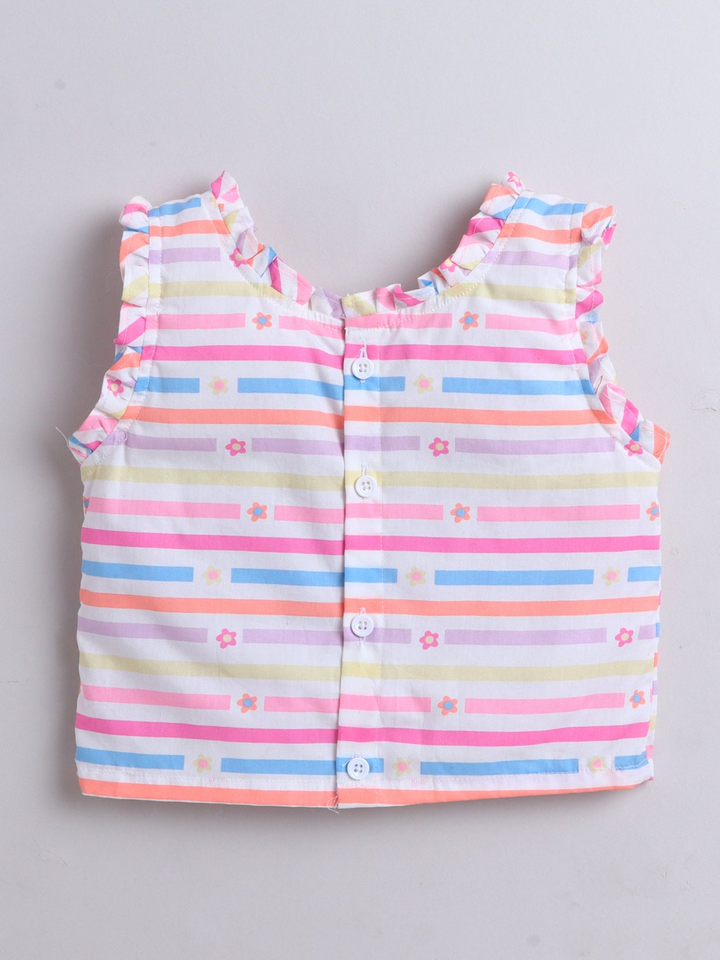 The Magic Wand Strip Printed Frill Sleeves Top & Skirt Set Multi