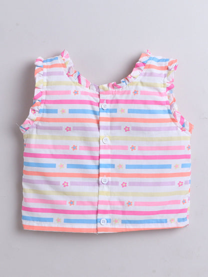 The Magic Wand Strip Printed Frill Sleeves Top & Skirt Set Multi