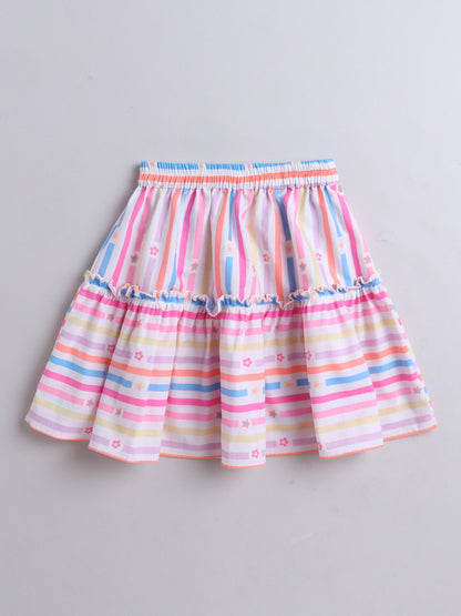 The Magic Wand Strip Printed Frill Sleeves Top & Skirt Set Multi