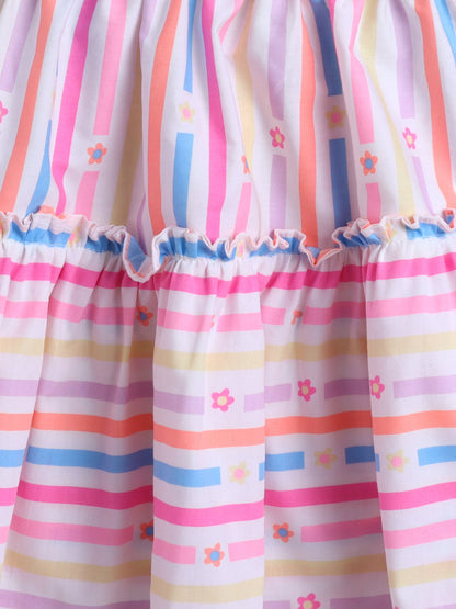 The Magic Wand Strip Printed Frill Sleeves Top & Skirt Set Multi