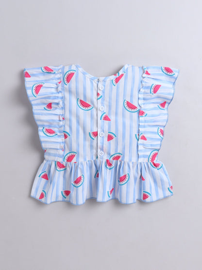 The Magic Wand Cotton Watermelon Printed Frill Top- Blue