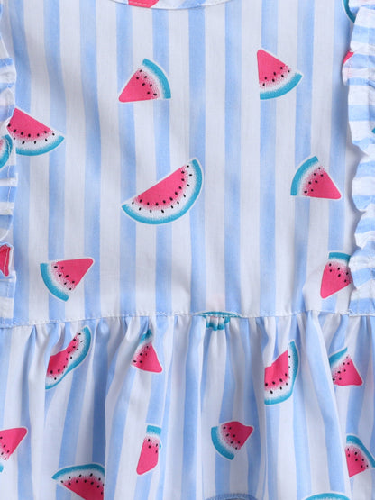 The Magic Wand Cotton Watermelon Printed Frill Top- Blue