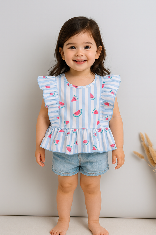 The Magic Wand Cotton Watermelon Printed Frill Top- Blue