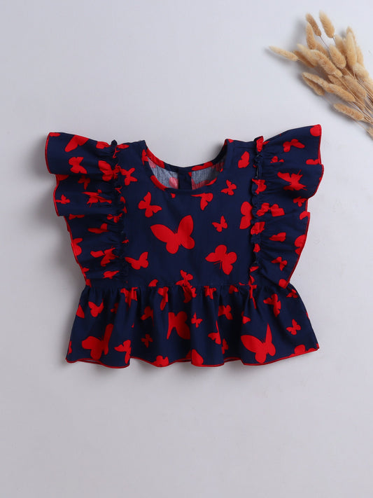 The Magic Wand Cotton Butterfly Printed Frill Top -Navy Blue