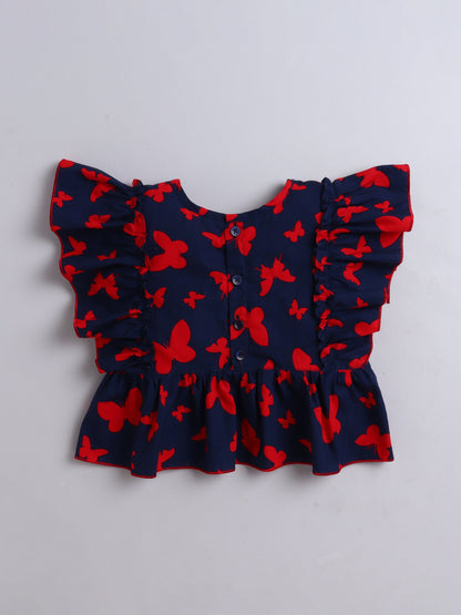The Magic Wand Cotton Butterfly Printed Frill Top -Navy Blue
