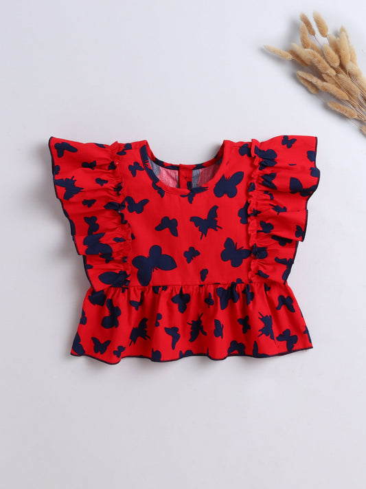 The Magic Wand Cotton Butterfly Printed Frill Top -Red