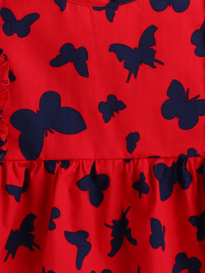 The Magic Wand Cotton Butterfly Printed Frill Top -Red