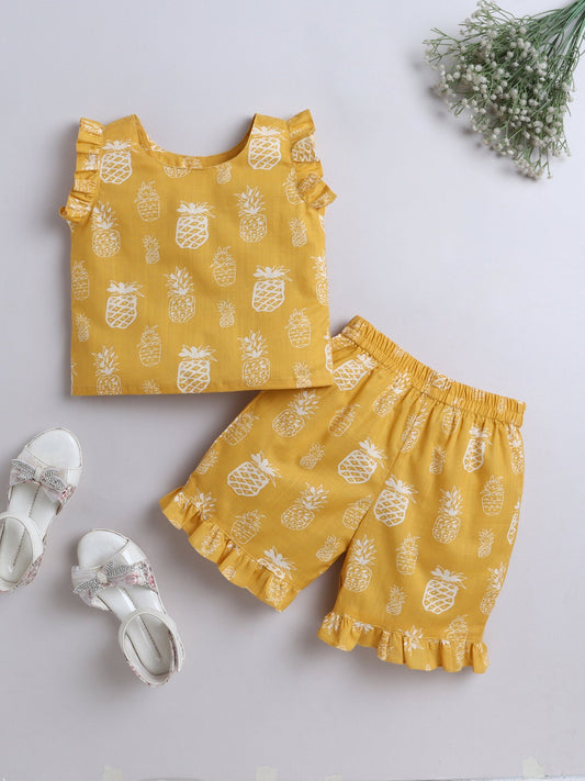 The Magic Wand Sleeveless Pineapple Printed Frill Detail Top & Shorts Set- Musturd