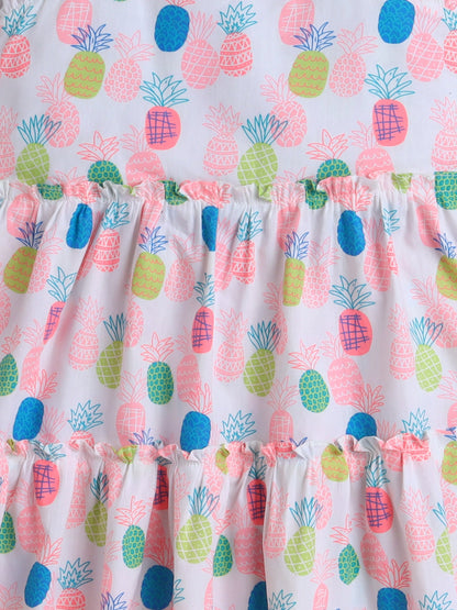 Cotton Sleeveless Pineapple Printed Tiered Dress- Multicolor
