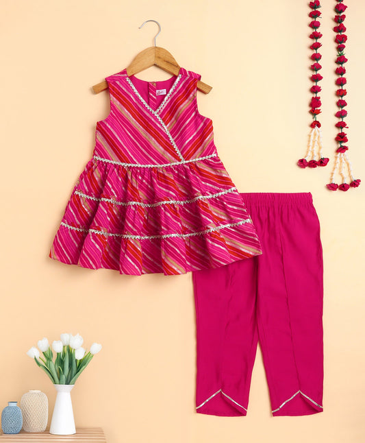 The Magic Wand Cotton Woven Sleeveless Leheriya Printed Lace Embellished Kurta and Salwar Set - Fuchsia