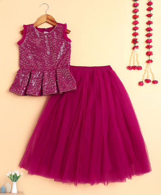 The Magic Wand Woven Sleeveless Sequins Embellished Top and Lehenga Set - Fuchsia