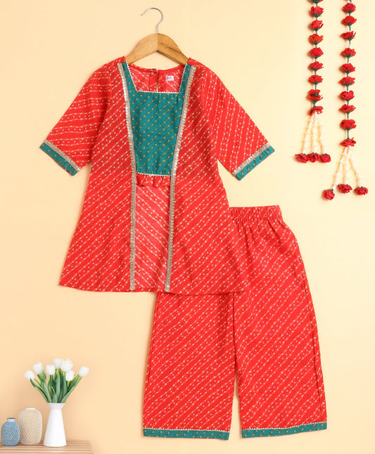The Magic Wand Woven Three Fourth Sleeves Bandhani Printed Top and Bottom Set- Orange
