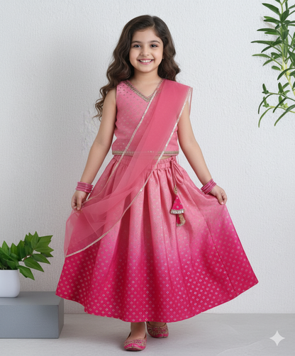 Sleevesless Ombre Dyed Foil Lehenga & Choli with Dupatta - Pink